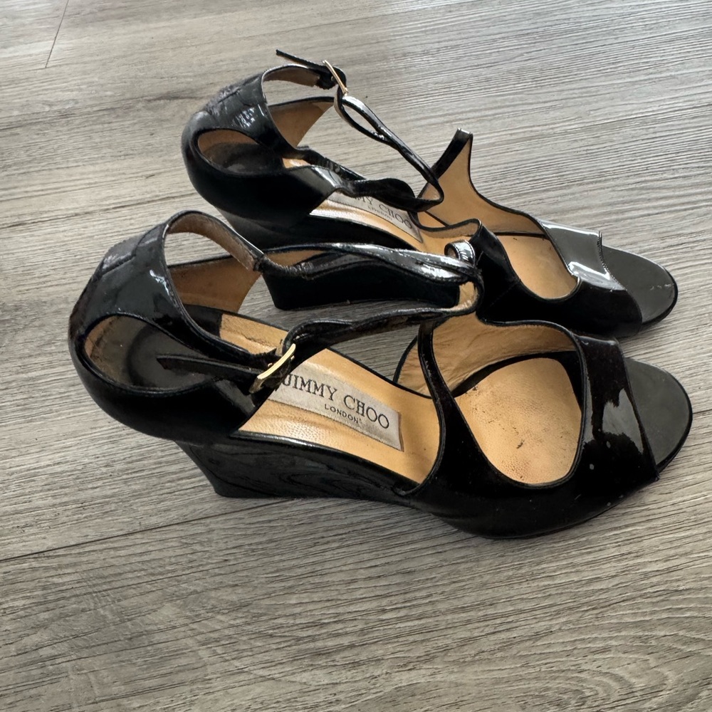Jimmy Choo patent leather wedge sandal size 38 black